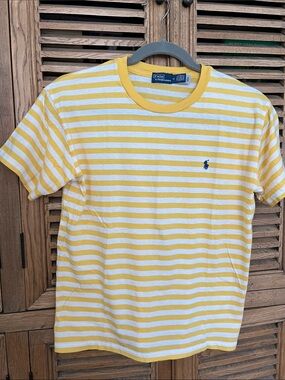 🔥 Polo by Ralph Lauren Blue Tag Striped Tee Yellow White Women M PERFECT Cond